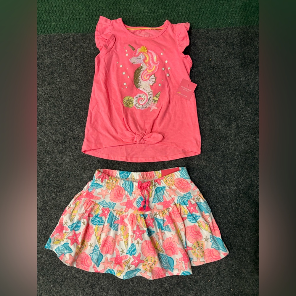Isaac Mizrahi Pink Sequin Seahorse Top with Shell-Print Skirt